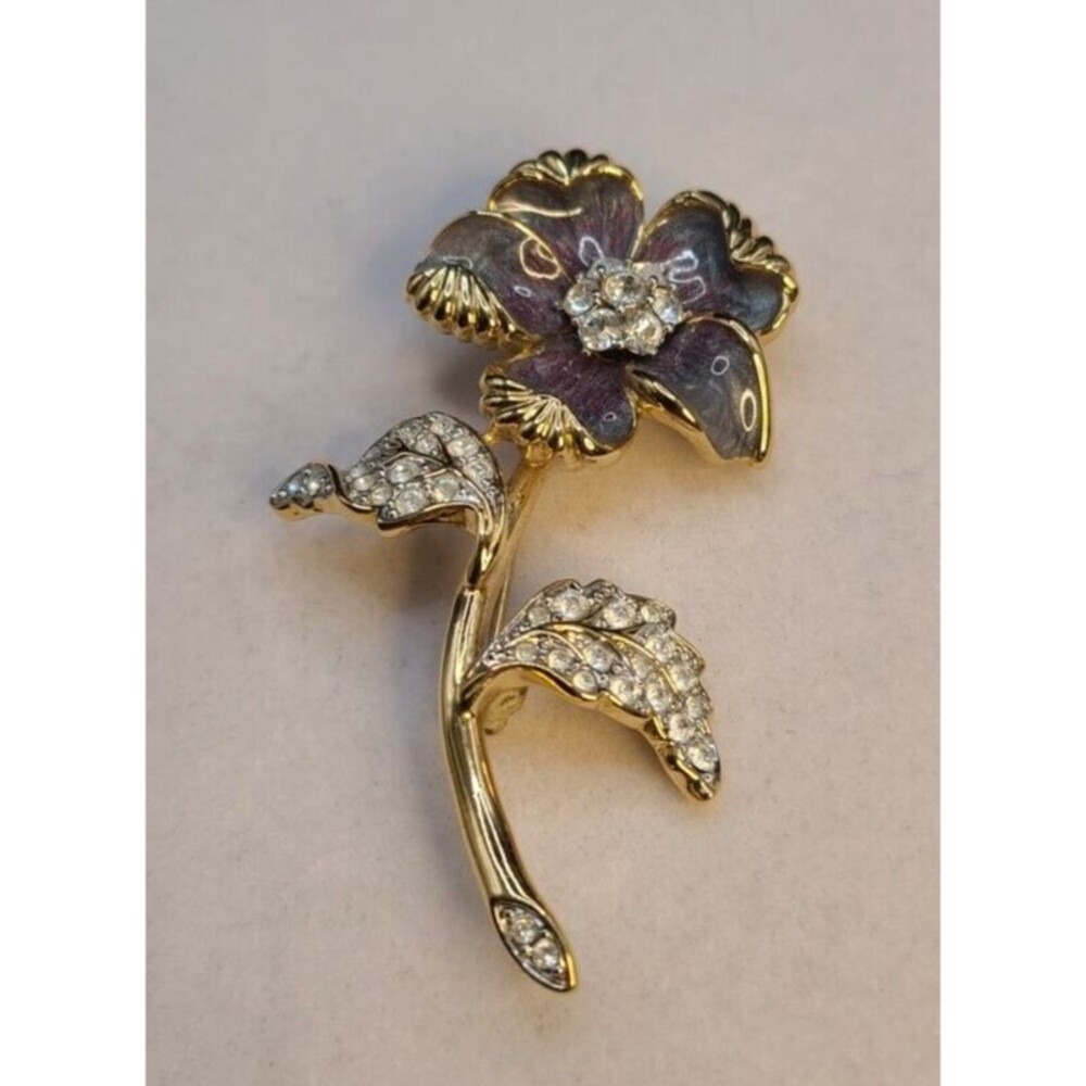 Noland Miller Enamel & Rhinestone Green Flower Brooch/ Pin 2.5" Long